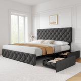 Garvee King Size Bed Frame with 4 Storage Drawers and Adjustable Headboard, Linen Upholstered Platform Bed Frame with Wooden Slats Support, Diamond Stitched Button Tufted, No Box Spring Needed - Dark Grey - Dark Grey