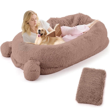 Garvee Human Dog Bed, 71 in x45 in x12 in Large Dog Bed with Blanket, Storage Pockets, Portable Handle, Removable Cover, Human Size Pet Bed for Adult, Khaki