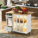 Garvee Kitchen Island Cart with Drop Leaf LED Light Large Kitchen Cart On Wheels with 2 Fluted Glass Doors Adjustable Shelf White - White