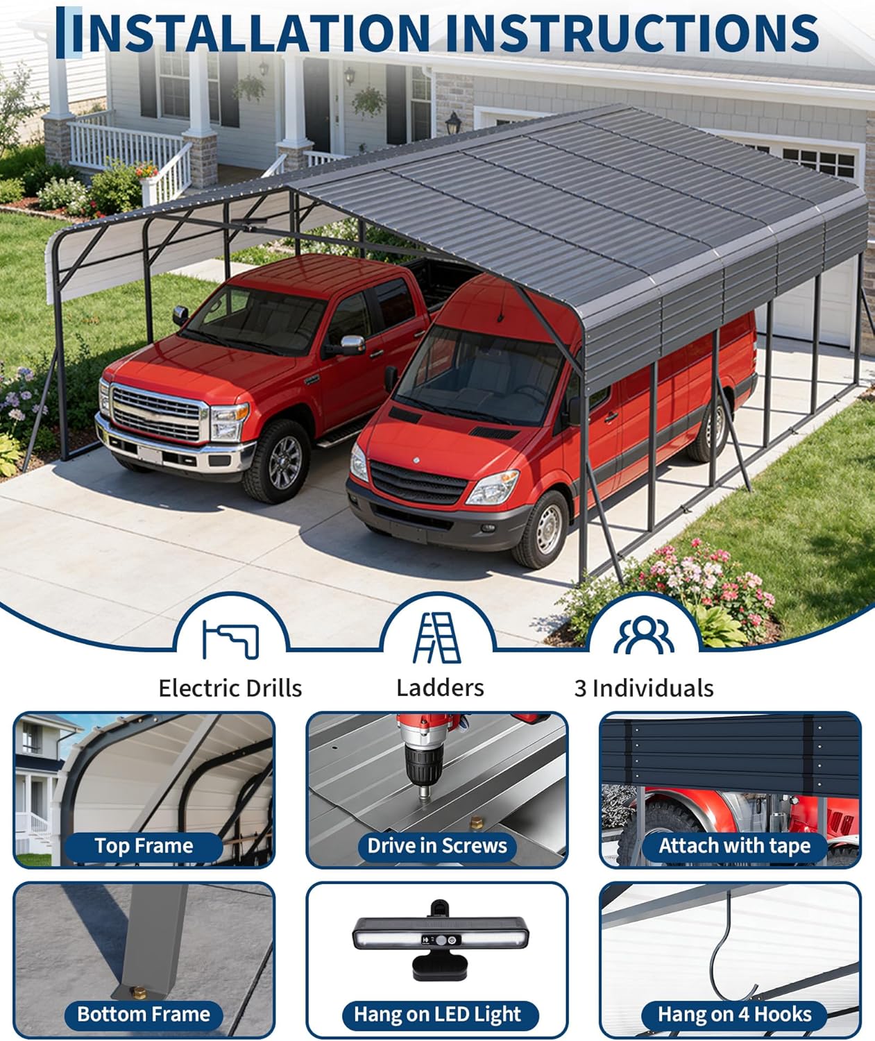 Garvee 20x25FT Heavy Duty Metal Carport,Outdoor Portable Car Garage with Led Light,Removable PE SideReinforced Base & Galvanized Steel Roof, Outdoor Car Port Canopy Shelter for Boats, Full-Sized Pickup Trucks
