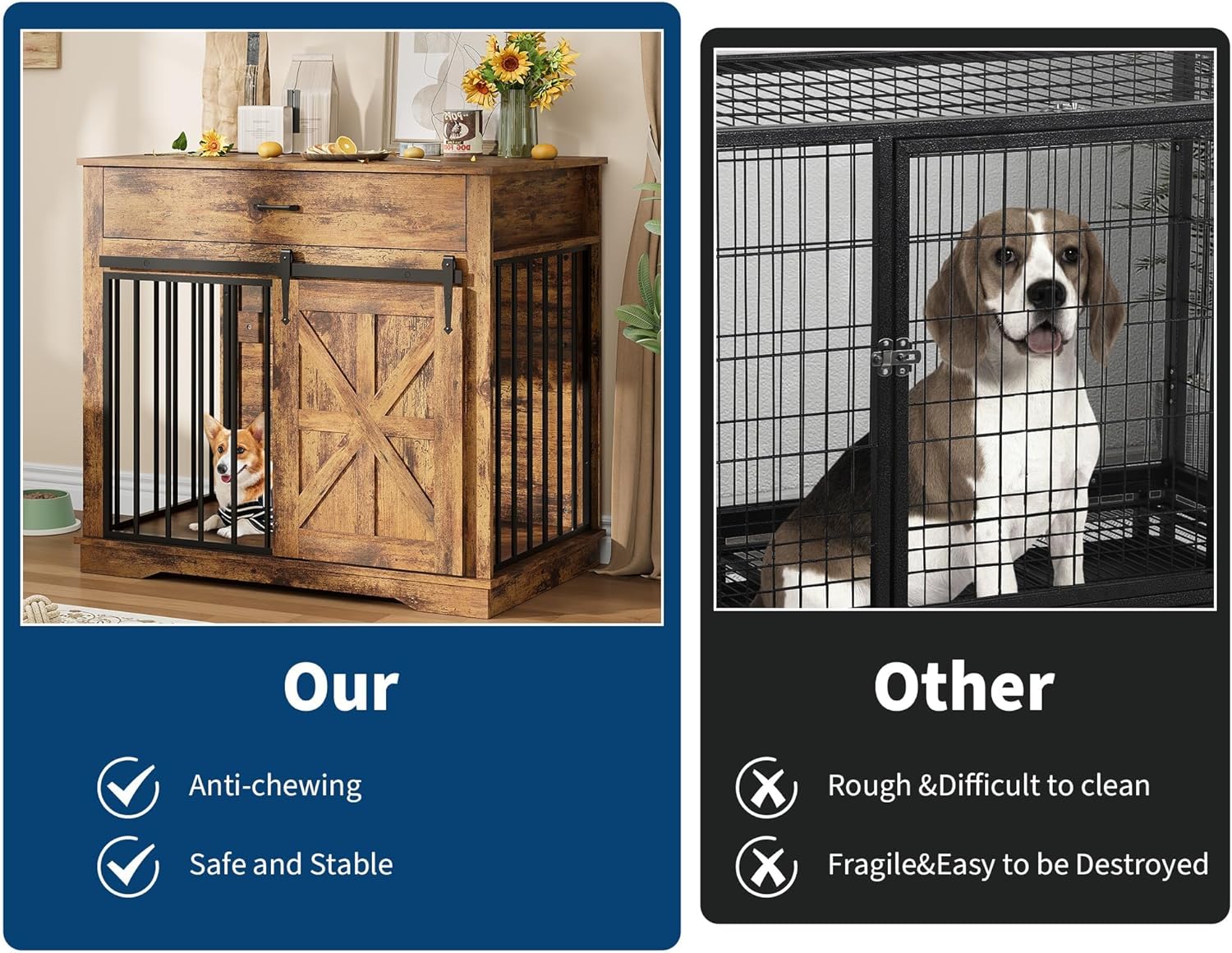 Garvee 37.8"W Dog Crate Furniture for Small/Medium Dogs, 2-in-1 Iron-Wood Fusion Dog Cage Indoor As Side End Table, Farmhouse Dogs Kennel with Sliding Barn Doors & Storage Drawer, Brown