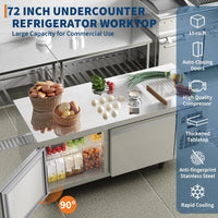 Garvee Stainless Steel Commercial Refrigerators 72 in W for Restuarant, 2 Door 18 Cu.Ft Worktop Undercounter Refrigerator Bar, Shop, Etc