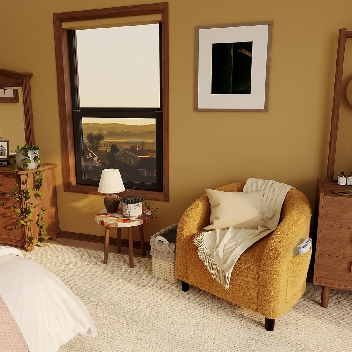 Garvee Accent Barrel Chair Boucle Club Chair with Sherpa Upholstery, Ergonomic Support, Durable Plastic Legs, Easy Assembly, for Living Room Bedroom, Yellow