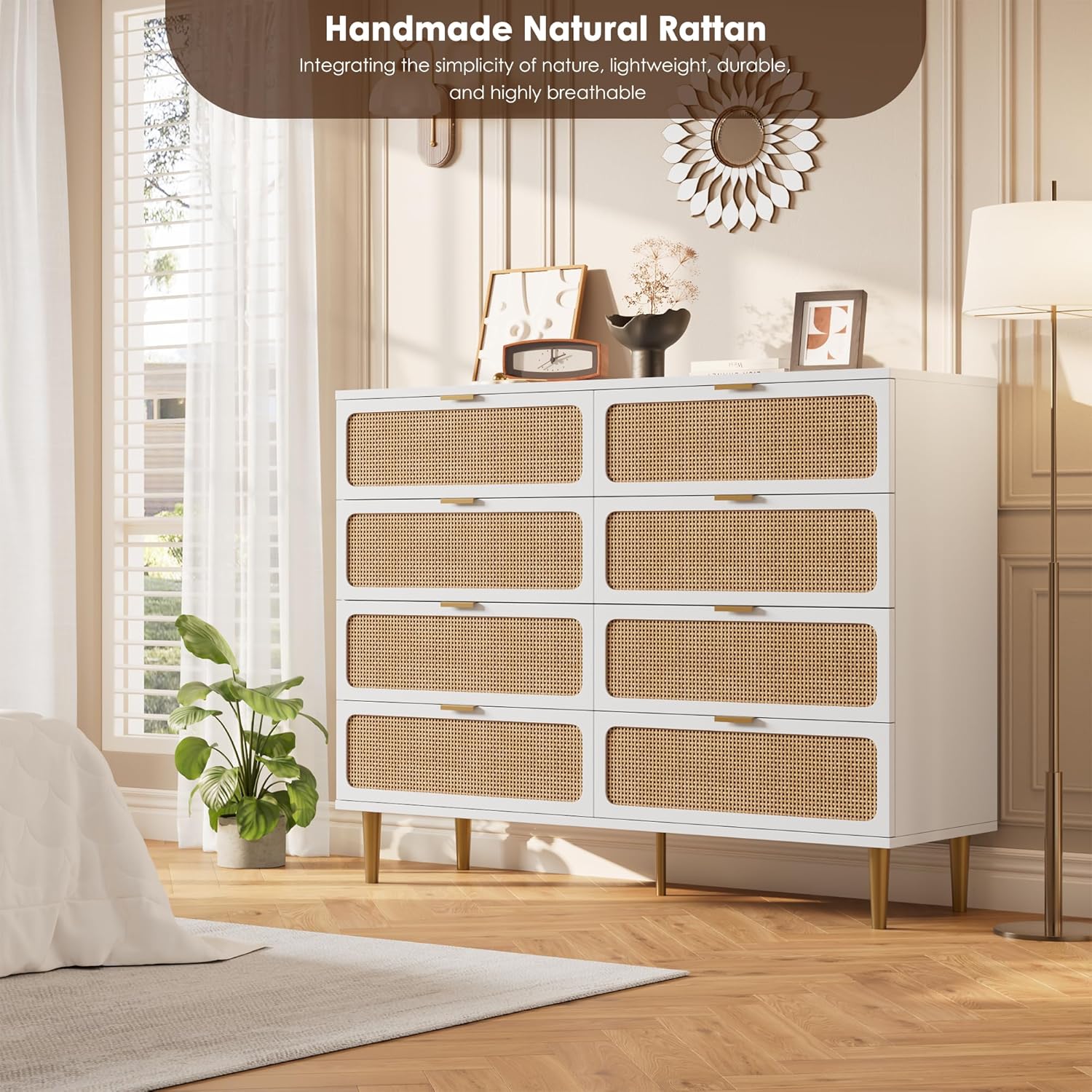 Garvee Rattan 8 Drawer Dressers for Bedroom, Tall Dresser with Deep Drawers, Large Chest of Drawers for Closet with Wide Top, Long Wooden Dresser for Living Room, Hallway, Kids Room, White