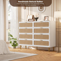 Garvee Rattan 8 Drawer Dressers for Bedroom, Tall Dresser with Deep Drawers, Large Chest of Drawers for Closet with Wide Top, Long Wooden Dresser for Living Room, Hallway, Kids Room, White