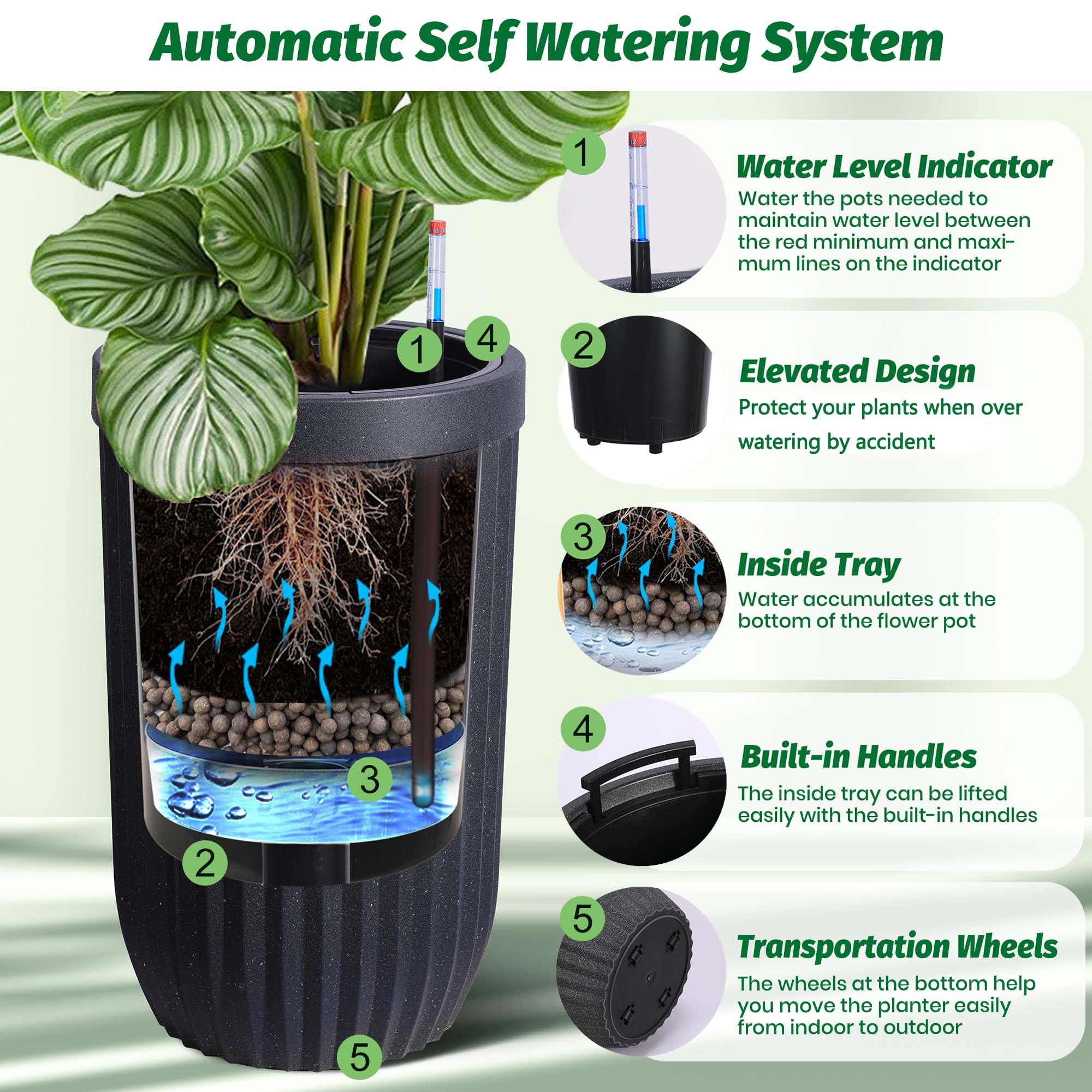 2 liter self watering planter Garvee 23" Tall Self-Watering Planters Set of 2 with Water Level Monit