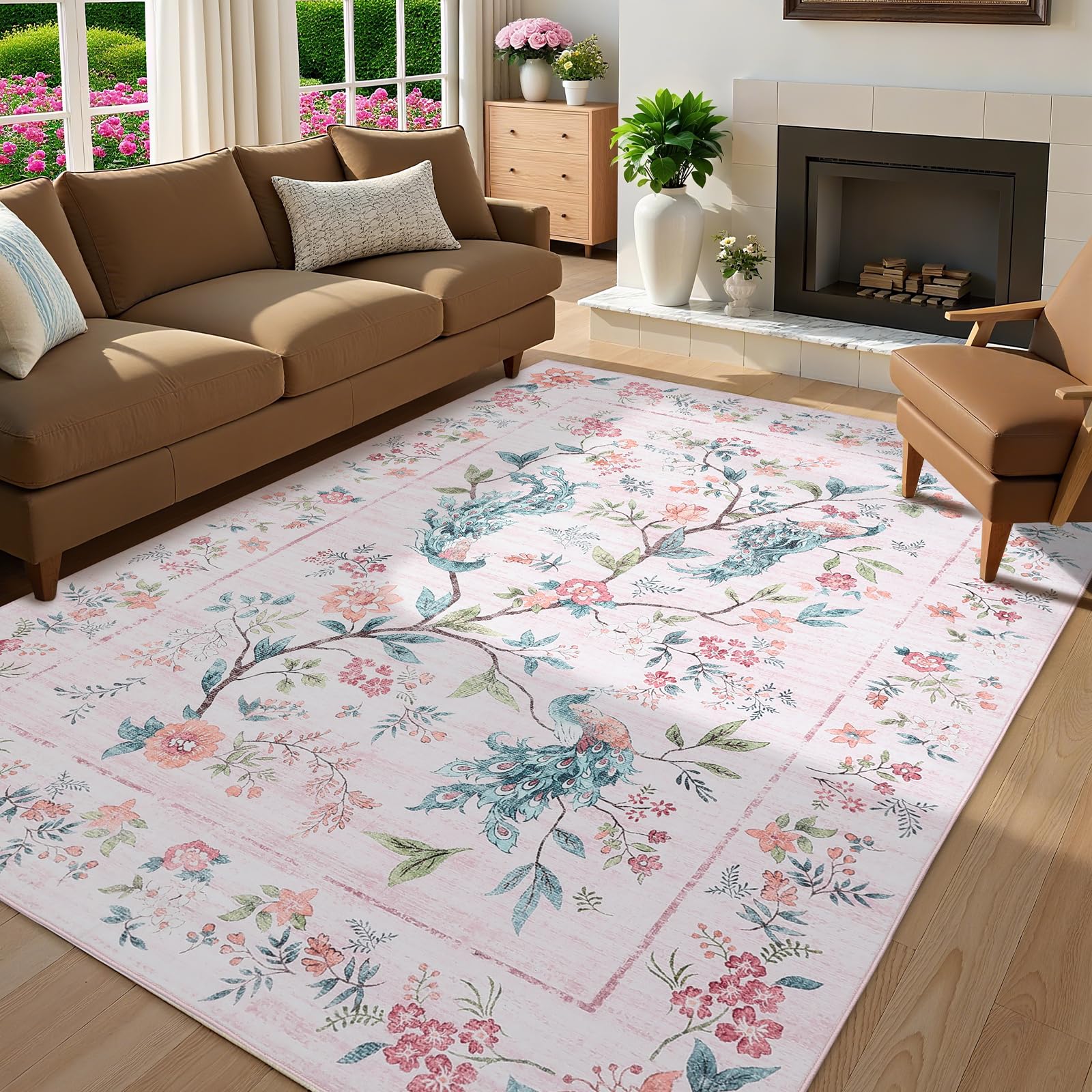 Garvee Pink Floral Peacock Rug 5x7 for Bedroom Girls, Living Room, Non