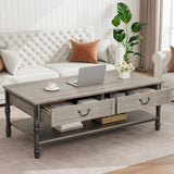 Garvee Coffee Table with Drawers 41" Large Center Table with Storage Rectangular Cocktail Table Mid Century Wooden Coffee Tables Retro Living Room Table Vintage Tea Table, Grey