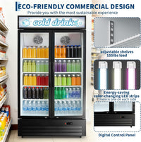 GARVEE 34.8 Cu.ft Double Door Commercial Beverage Cooler - 580-Can Glass Display Fridge | Frost-Free Air-Cooled, RGB Lights, Adjustable Shelves | for Bar/Restaurant/Store (Black)