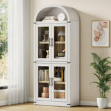 Garvee Arched Bookshelf with Doors Farmhouse Bookcase 15.83in Depth Display Storage Shelves 71.4in Tall Wooden Display Cabinet Rounded Bookcases for Living Room, Kitchen, Office - white