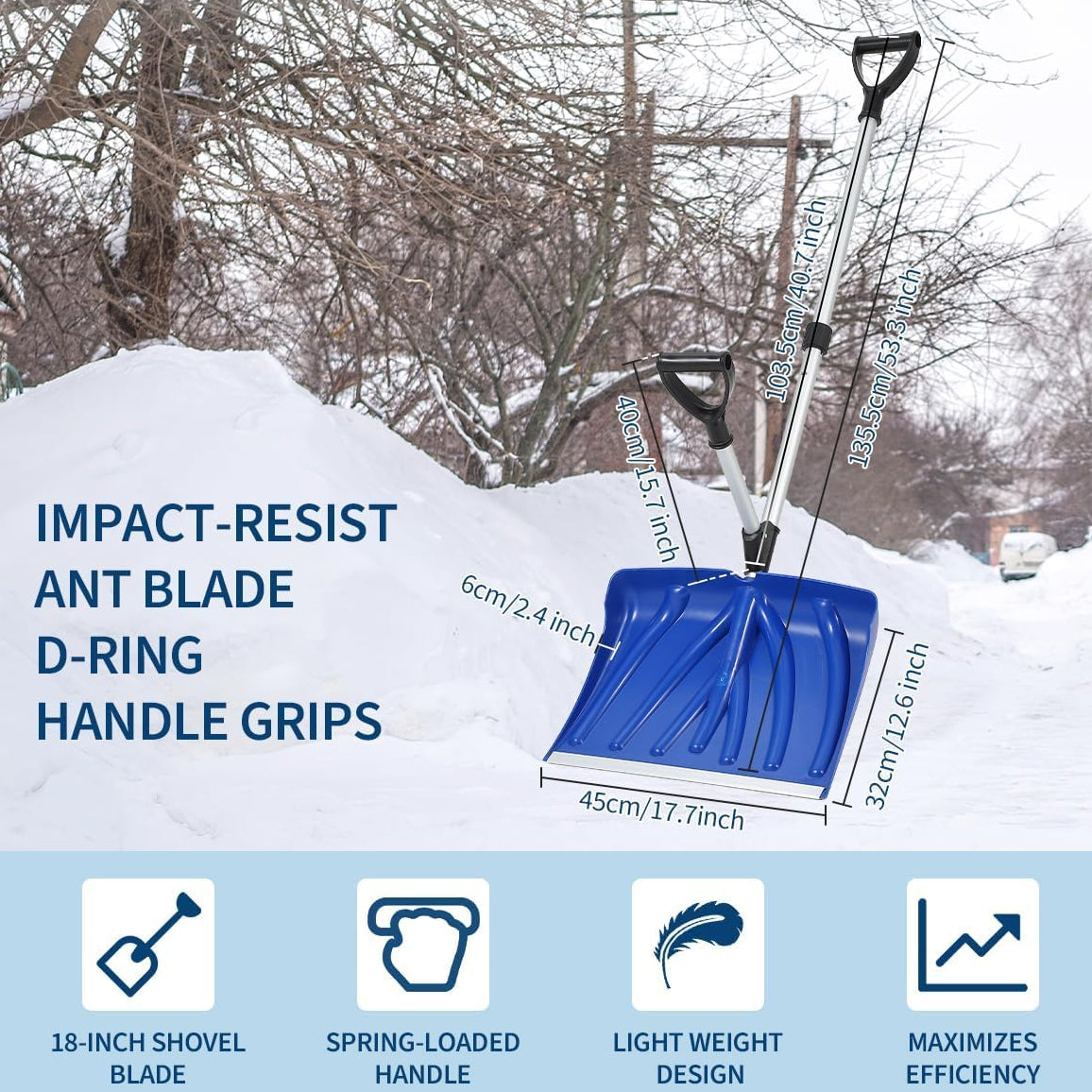 Garvee Ergonomic Snow Shovel – 18" Aluminum-Edged Blade with Assisted D-Ring Handle – Lightweight Snow Pusher for Patio, Garden, Yard – Blue Shovel with Silver Pole