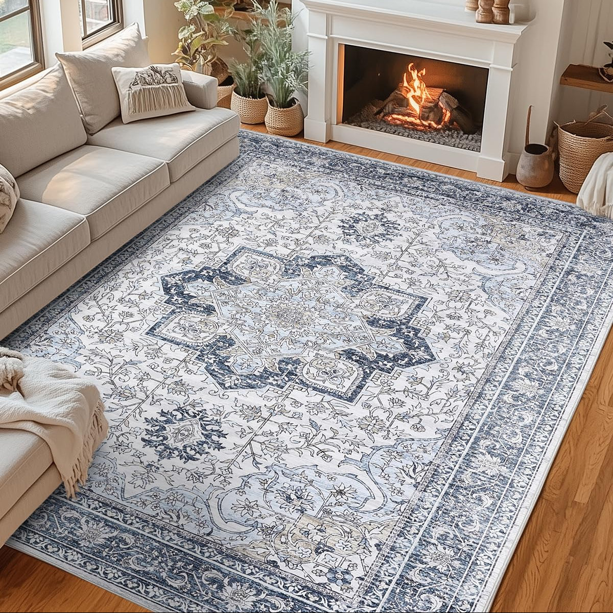 Garvee Machine Washable Rug 8x10 Light Blue Neutral Floral Vintage Are