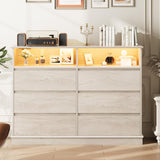 Garvee Dresser for Bedroom, 6 Drawer Dresser with LED Lights and Charging Station, Wide Chest of 6 Drawers with Open Space, Modern Large Capacity Storage Cabinet, Living Room, Hallway, Oak - Oak