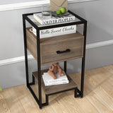 Garvee Mid Century Modern Nightstand + Steel Frame & Tempered Glass + 3-Tier Storage + Particle Board + Easy Assembly + Bedroom/Dorm - Light brown wood grain