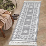 Garvee Boho Washable Runner Rug, Non-Slip Moroccan Tribal Carpet with Tassels, Stain-Resistant Farmhouse Geometric Floor Cover, Grey - Gray