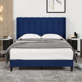 Garvee Full Bed Frame with Tufted Wingback Headboard, Velvet Upholstery, Strong Wood Slat Support, Easy Assembly, Dark Blue - Blue
