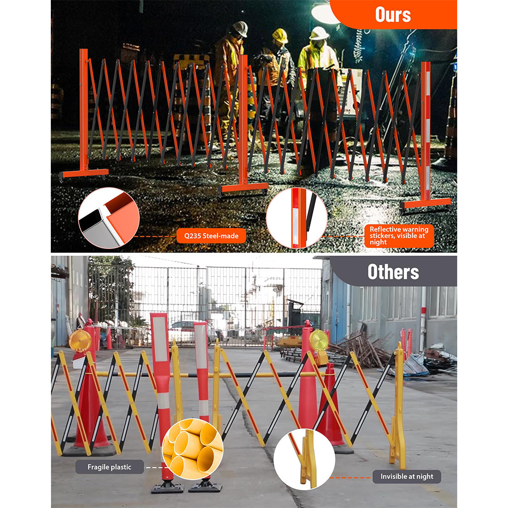 Garvee Metal Expandable Barricade, 16 Ft Folding Security Gate, High Strength Steel Expandable Barricade Gate Outdoor, Industrial Expandable Barricade Gate with Casters, Orange&Black
