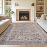 Garvee 10x13 Washable Area Rugs, Large Traditional Floral Rugs for Living Room, Low Pile Neutral Soft Rug for Bedroom, Dining Room, Home, Office - Gray Pink