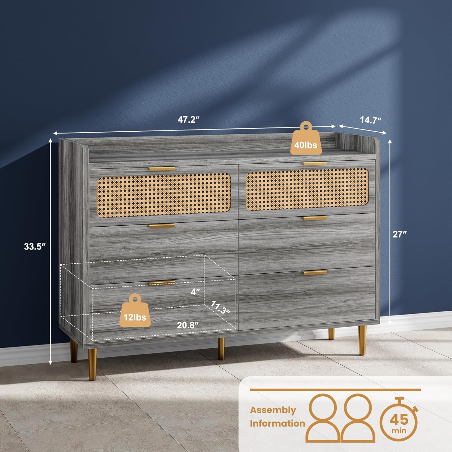 Garvee 6 Drawer Rattan Dresser, Narrow Wicker Chest of Drawer with Railed Edge, Metal Legs, Gold Handles, Farmhouse Wooden Storage Dresser for Bedroom, Living Room, Walnut