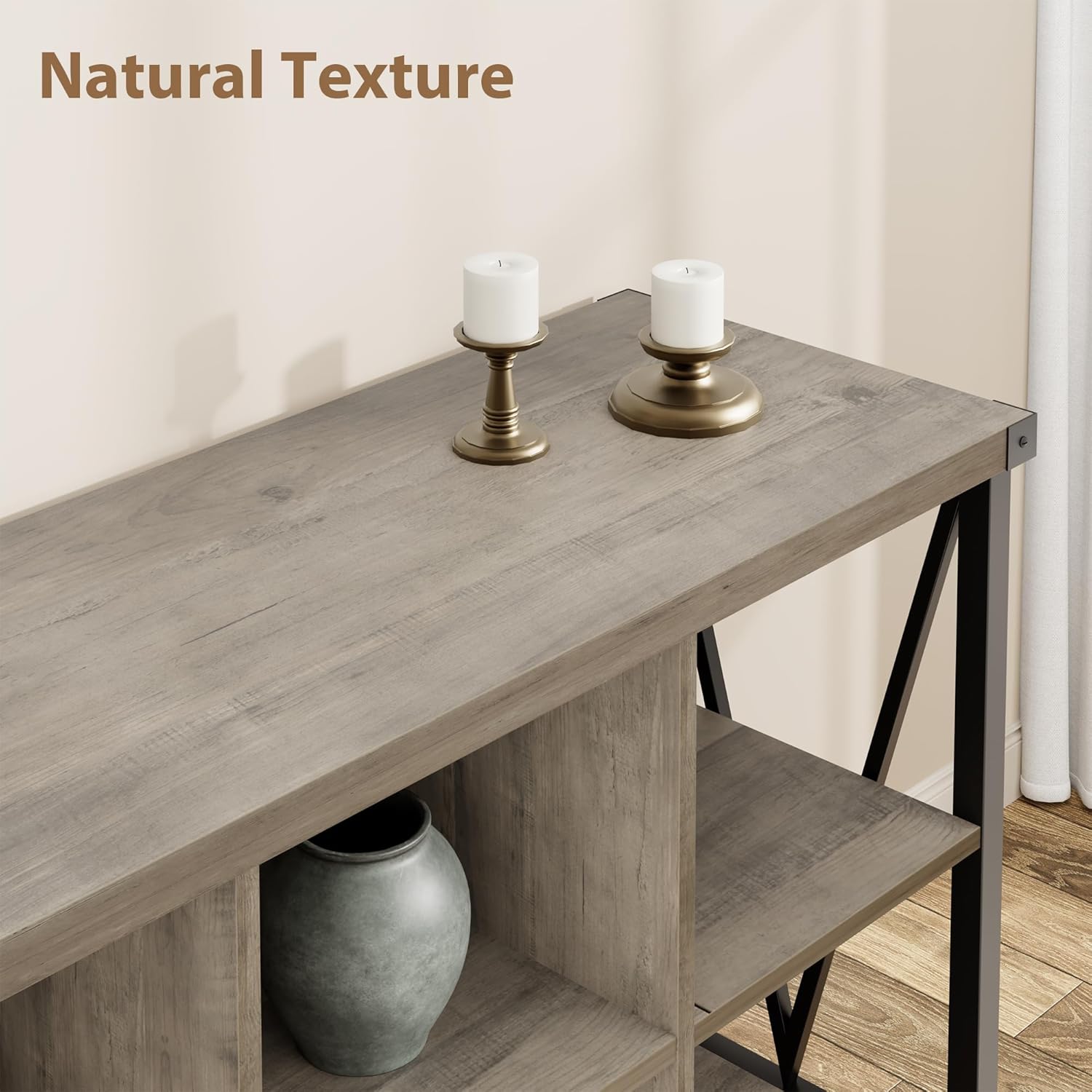 Garvee Console Table, Rustic 3 Tier Sofa Table Behind Couch, Industrial Metal Entryway Table with Storage Shelf, Farmhouse Wooden Foyer Hallway Table for Entry Living Room,Grey.