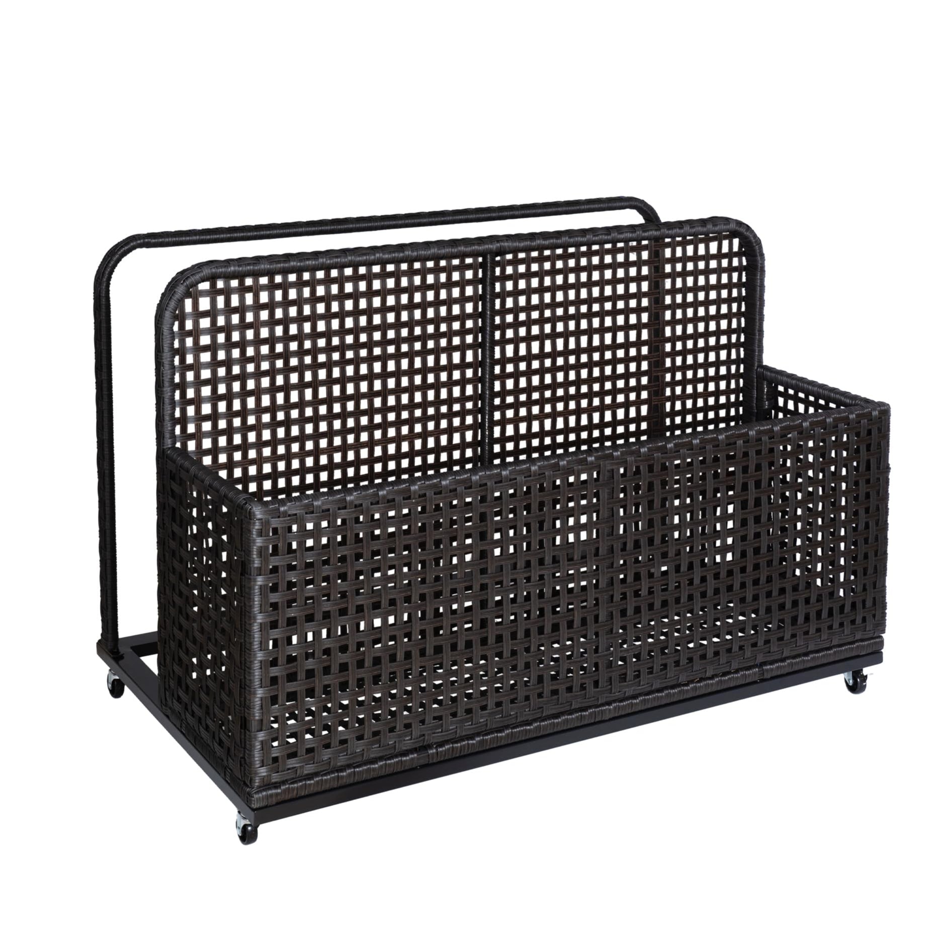 Black brown PE rattan poolside storage basket with wheels.