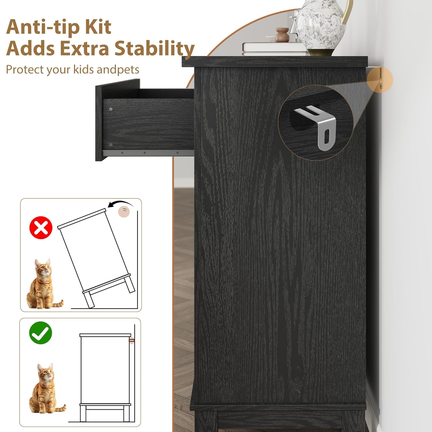 Garvee 4-Drawers Vertical Dresser for Bedroom with Large Storage, MDF Wood, Waterproof Top, Anti-Tipping, Adjustable Feet, for Living Room, Hallway, Black