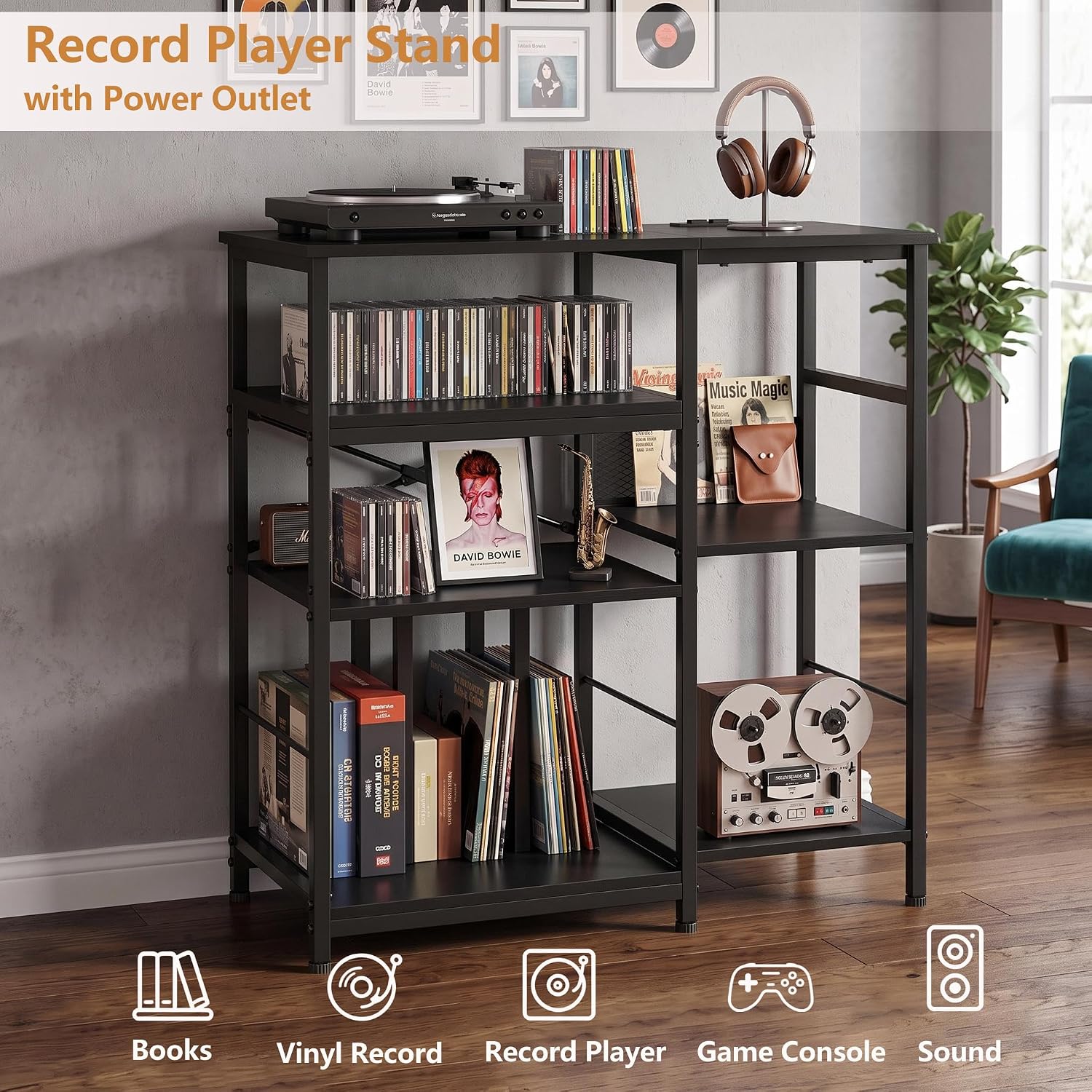 Garvee 4-Tier Large Record Player Stand & Media Console for Living Room - Holds 300+ Vinyl Records, Fits 7/10/12 in vinyl records - Color: Black