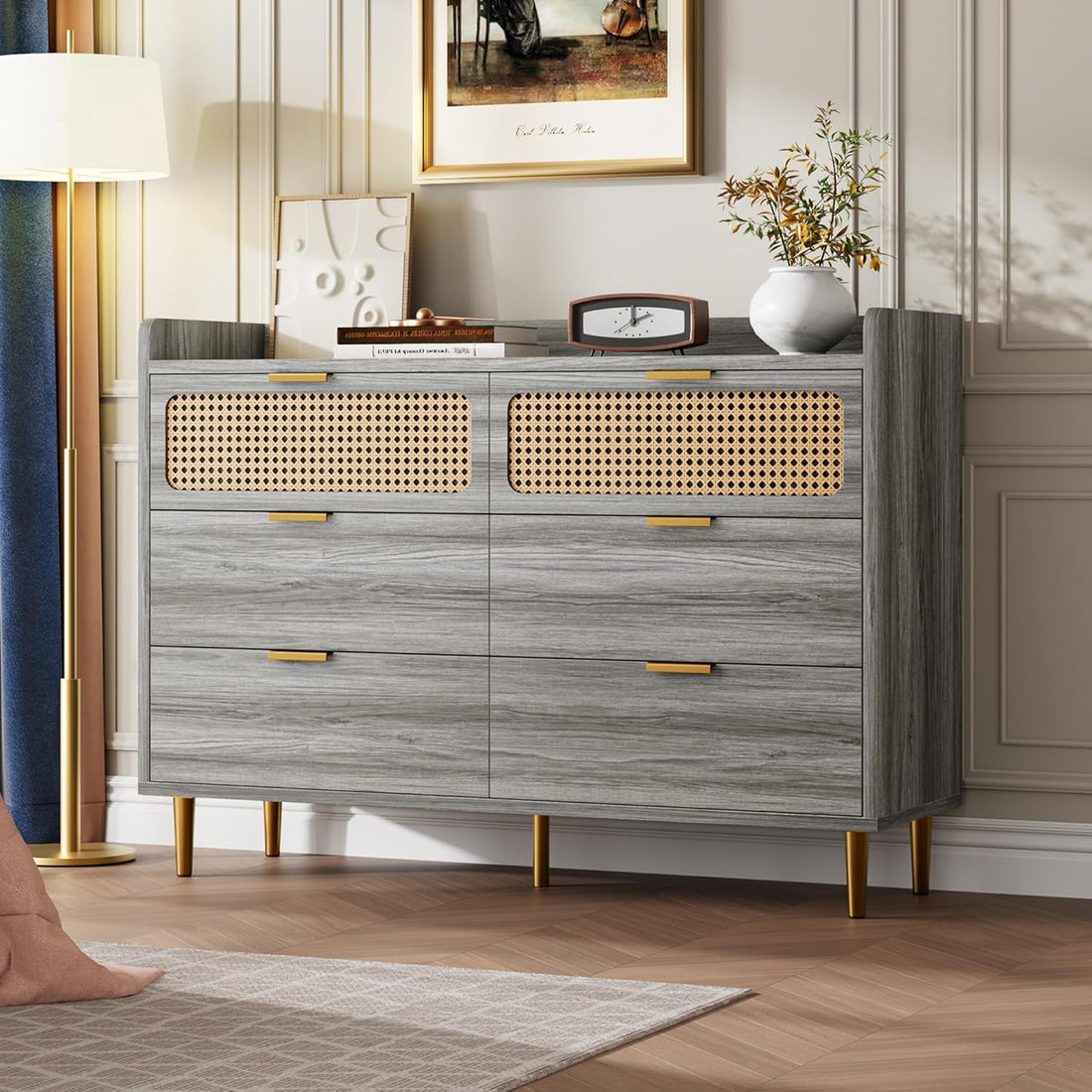 Garvee 6 Drawer Rattan Dresser, Narrow Wicker Chest of Drawer with Railed Edge, Metal Legs, Gold Handles, Farmhouse Wooden Storage Dresser for Bedroom, Living Room, Walnut