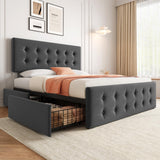 Garvee Queen Size Bed Frame with 4 Storage Drawers and Headboard, Linen Upholstered Platform Bed Frame with Wooden Slats Support, Button Tufted Design, No Box Spring Needed, Dark Grey - Dark gray (YS188-5)