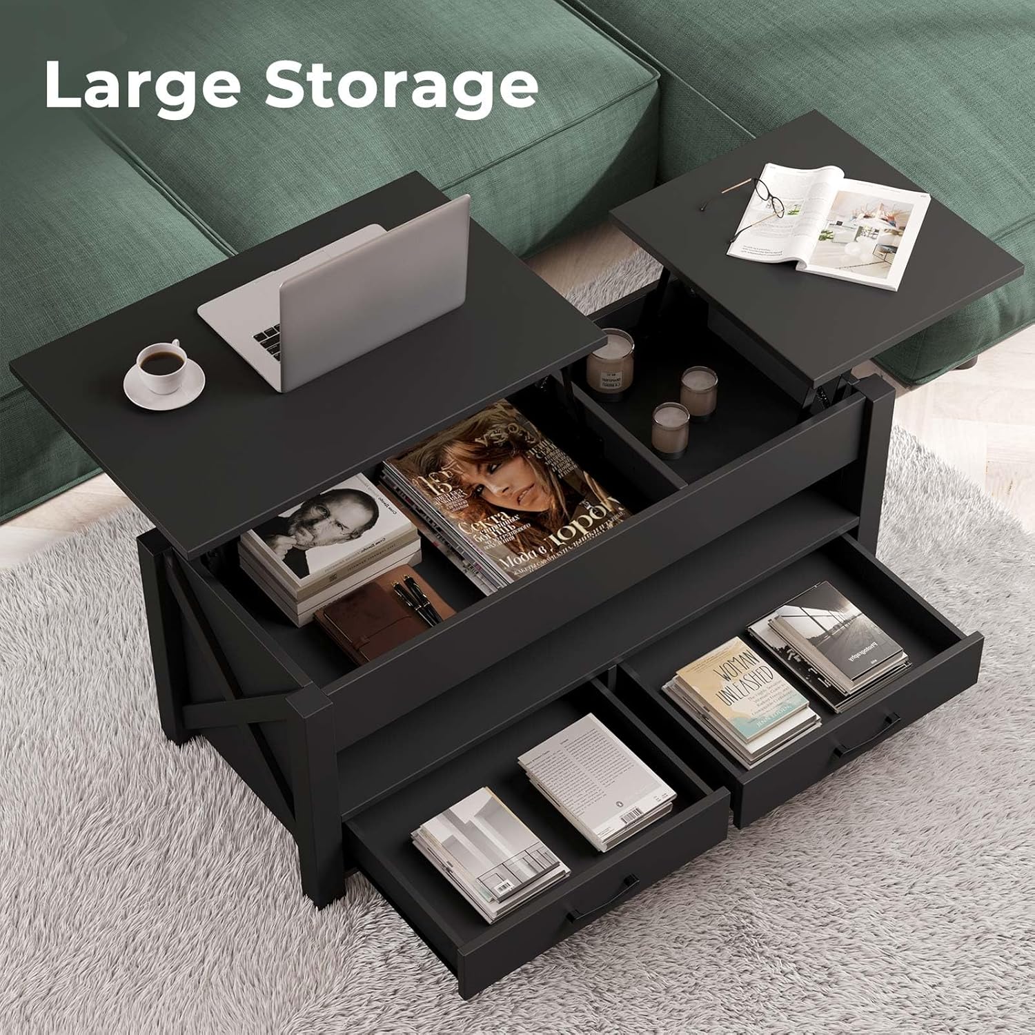 Garvee Coffee Table, 47.2" Lift Top Coffee Table with 2 Storage Drawers and Hidden Compartment, X Wood Farmhouse Support, Retro Center Table with Lift Tabletop for Living Room, Black