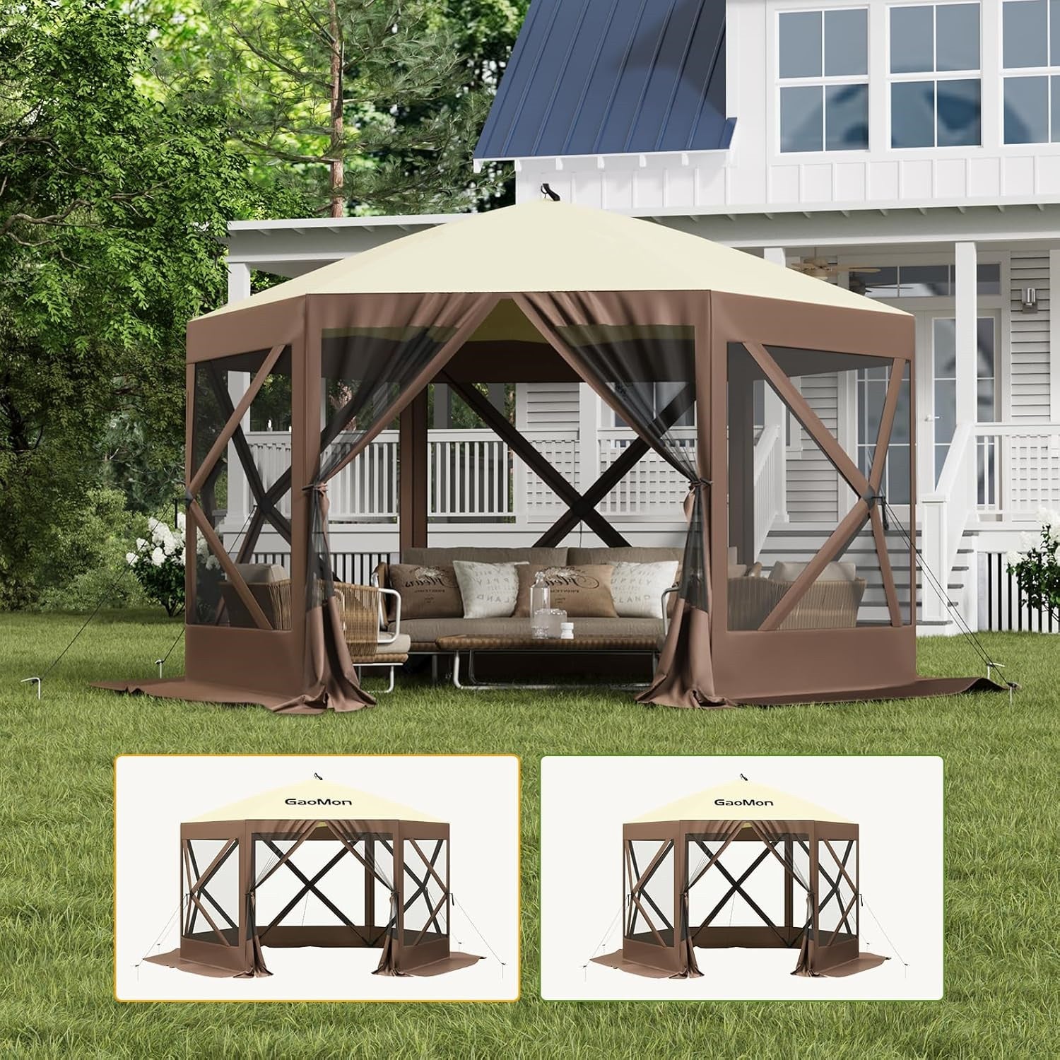 Garvee 10x10ft Portable Pop-Up Camping Gazebo - 6-Sided Canopy Screen Tent with Mesh Windows & Carry Bag for Outdoor, Picnic, Backyard Party, Brown