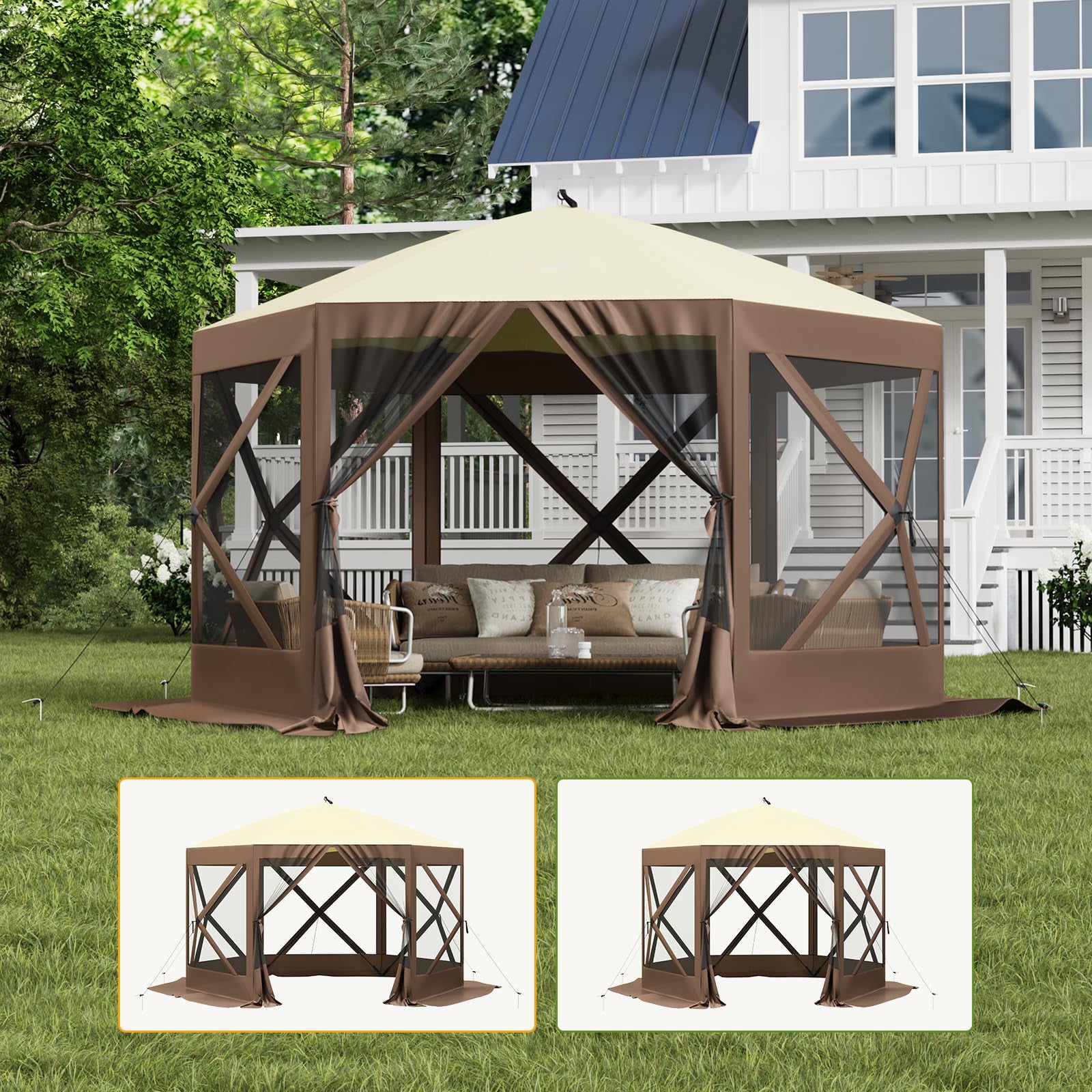 Garvee 12x12ft Camping Gazebo, Portable Pop Up Canopy Outdoor Screen Tent 6 Sided with Mesh Windows and Carry Bag for Camping, Picnic, Backyard Party Outside Activities, Brown