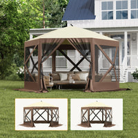 Garvee 12x12ft Camping Gazebo, Portable Pop Up Canopy Outdoor Screen Tent 6 Sided with Mesh Windows and Carry Bag for Camping, Picnic, Backyard Party Outside Activities, Brown