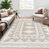 Garvee Boho Washable Area Rug, Non-Slip Moroccan Tribal Carpet with Tassels, Stain-Resistant Farmhouse Geometric Floor Cover, Taupe - Tan & Ivory