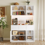 Garvee Pantry Cabinet with LED Lights and Charging Station, Large Kitchen Pantry with Microwave Countertop, Tall Storage Cabinet with Storage Drawers, White - White