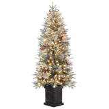 Garvee 4.5ft Pre-Lit Snow Flocked Artificial Christmas Tree with 200 Warm White LED Lights,Potted Arctic Fir Christmas Tree,Xmas Tree with Red Berries for Home, Office, Party Decoration,White - Black Pot-1 Pack