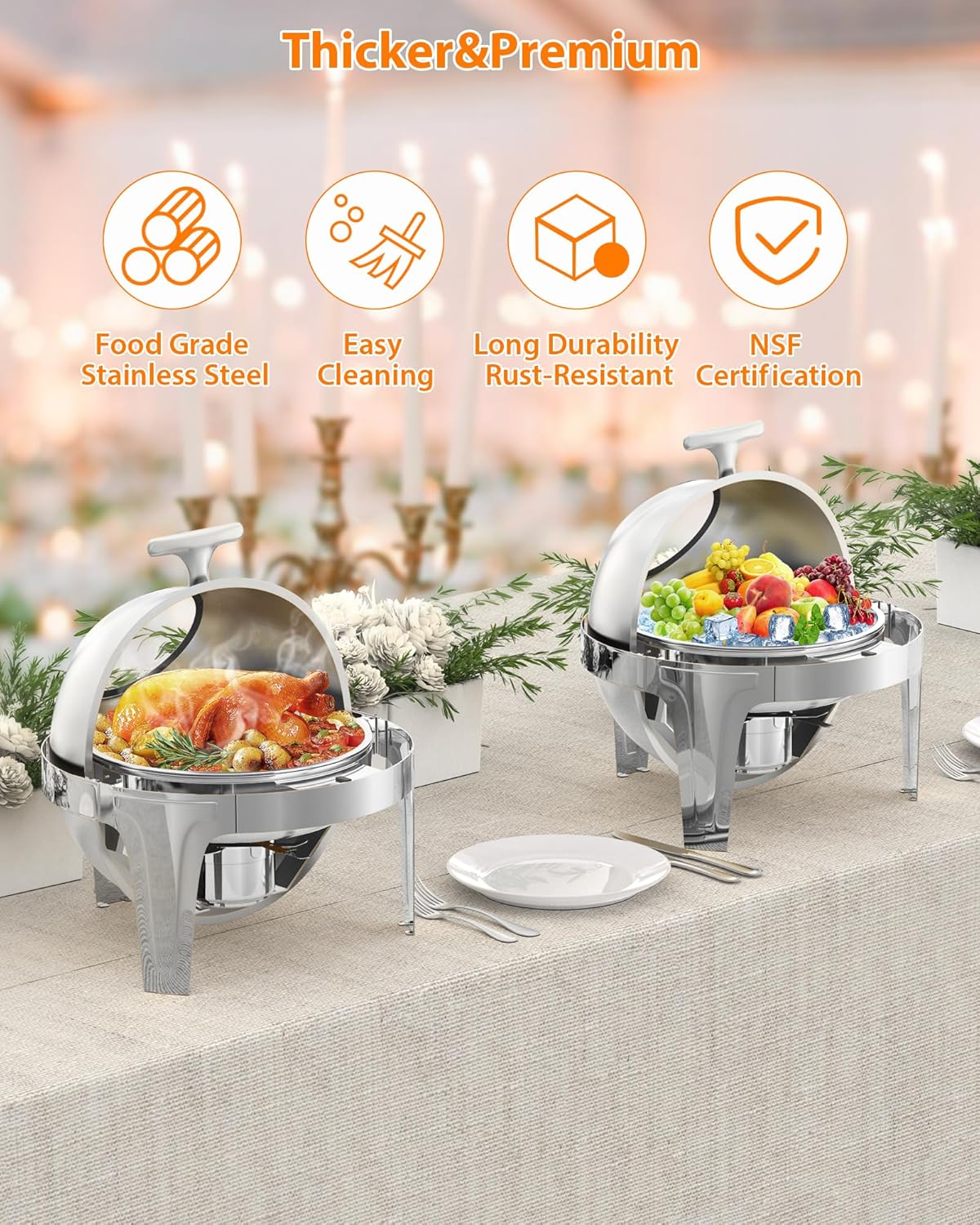 Garvee 6.3 Quart Round Roll Top Chafing Dish Buffet Set Stainless Steel Food Warmer with Glass Window for Party Wedding Banquet Silver