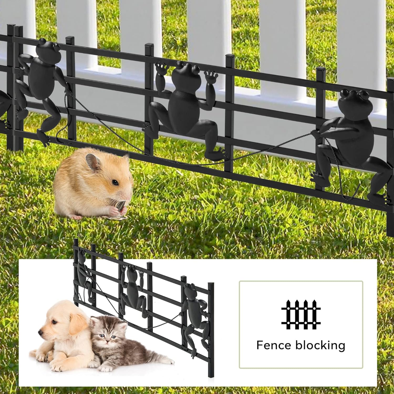 15 Pack Decorative Garden Fence, 8in(H) X 24 in(L) Dog Rabbits Garden Fence, Rustproof Metal Animal Garden Fence Border, Small Animal Barrier Fence for Outdoor Patio (Frog-Black)