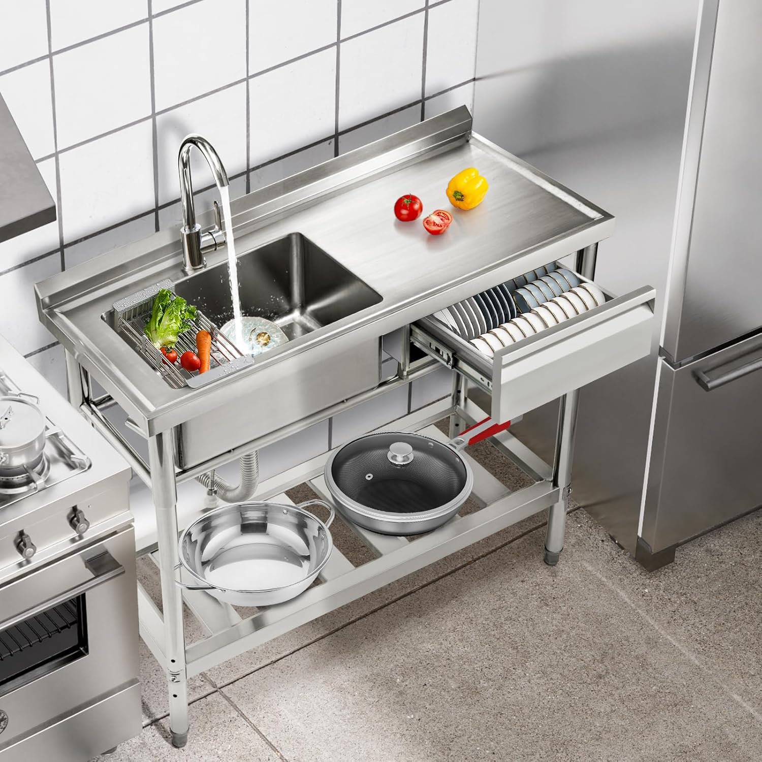 Garvee 40"D x 20"W x 37"H Durable Stainless Steel Utility basin with Pull-Out Faucet Freestanding Single Bowl Laundry Room basin with Workbench & Drawer Storage – Ideal for Kitchen, Laundry, Farmhouse or Outdoor Use – Stainless Steel Color