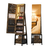 Garvee 360° Swivel Jewelry Cabinet with LED Lights,Inside Makeup Mirror,Rotatable Full Length Mirror with Jewelry Storage,Lockable Standing Jewelry Armoire Organizer with Drawer and Wheels (Brown) - Brown