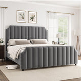 Garvee Queen Size Platform Bed Frame with 50.2" Headboard, Velvet Upholstered Bed Frame Queen with Vertical Channel Tufted Headboard & Footboard, Nailhead Trim, No Box Spring Needed, Cream - Cream