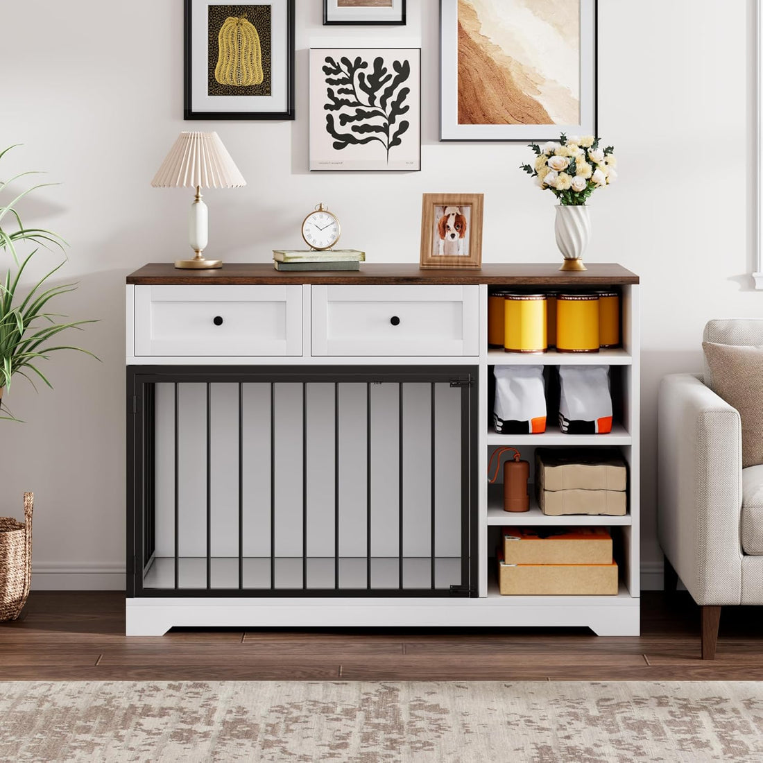 Garvee 47" Dog Crate Furniture Indoor with 2 Drawers & 4 Shelves, Large Dogs Kennel Furniture TV Stand, Wooden Dog Cage for Large Medium Dogs, White & Brown Top