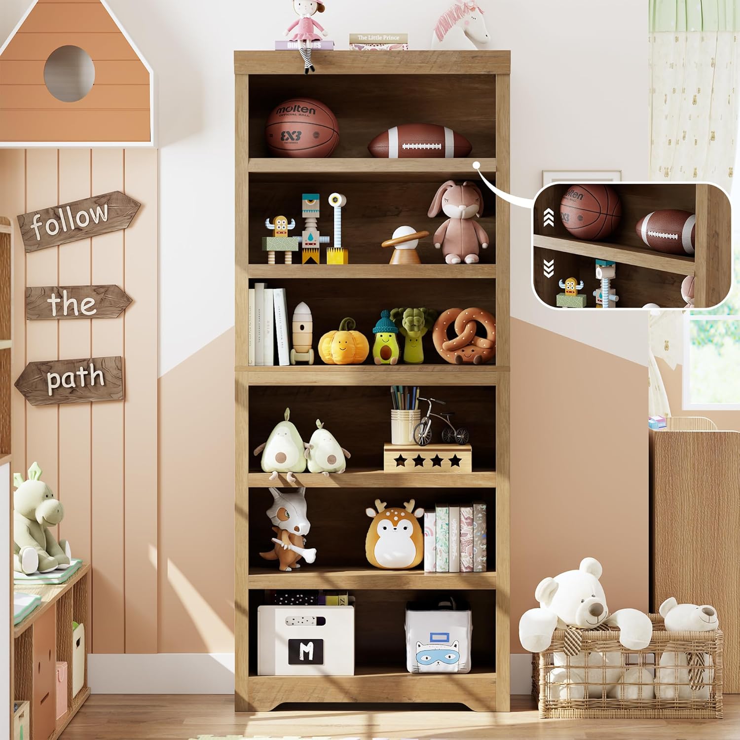 Garvee 6 Tier Bookshelf, 75" Tall Farmhouse Bookcase with Adjustable Shelves, 31.5" W Floor Standing Open Display Storage Rack with Anti-Slip Design for Home Office, Balcony, Library, Study / Living Room, Brown