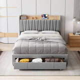 Garvee Full Size Bed Frame with Storage Drawer, Upholstered Platform Bed Frame with Storage Headboard and Charging Station, Mattress Foundation with Solid Wooden Slats Support, Light Grey - Light Grey