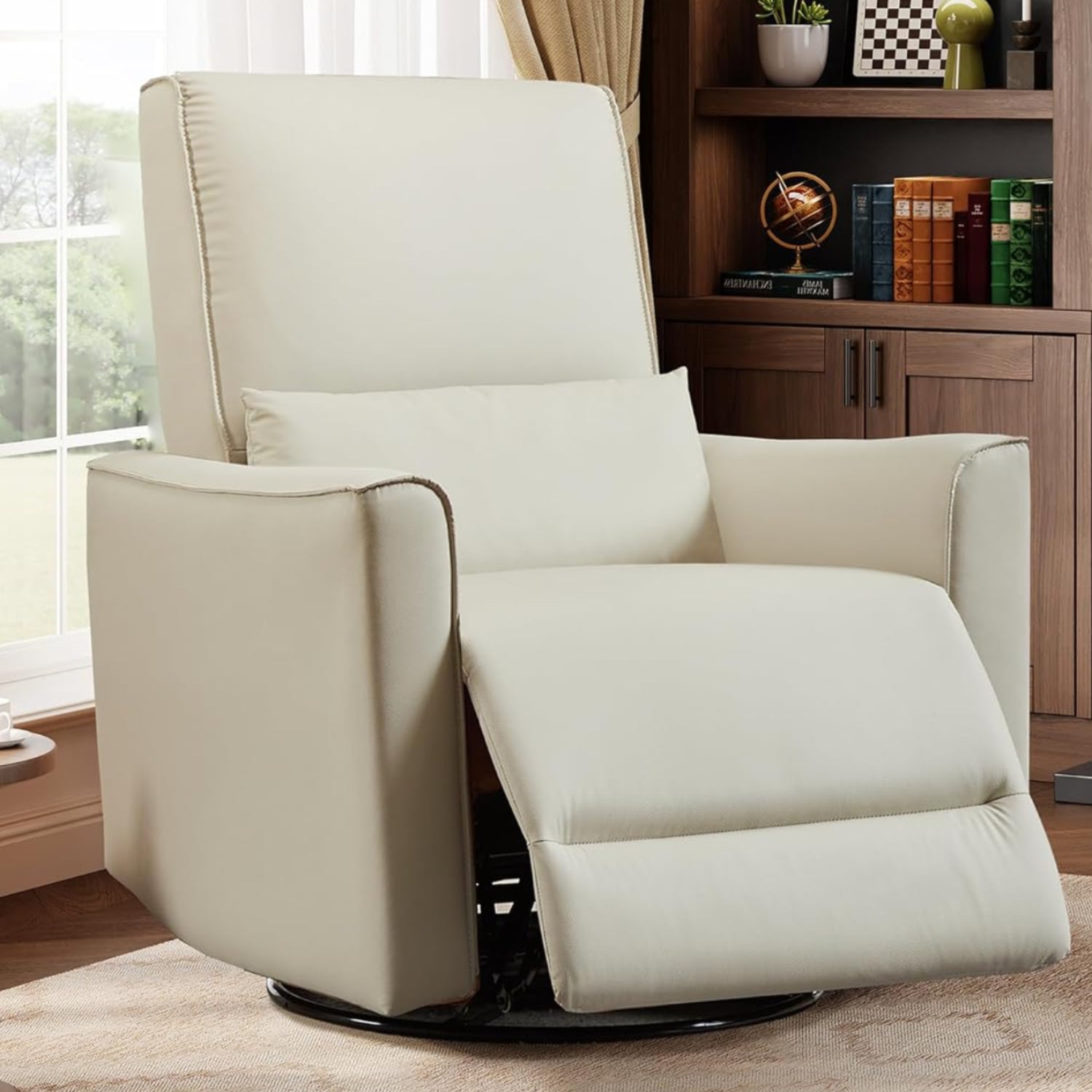Garvee Swivel Rocking Manual Recliner Chair for Adults, Rocker Recliner Glider Deep Seat PU Leather Sofa Chair with High Backrest for Nursery, Living Room, Bedroom & Home Movie Theater, Beige