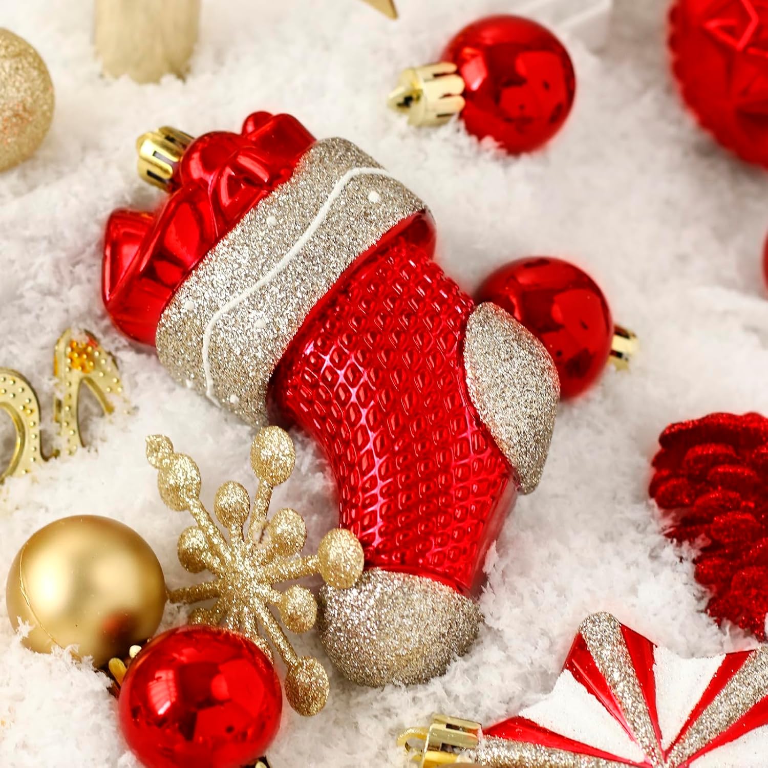 Garvee 70 Pcs Christmas Tree Ornaments Shatterproof Plastic Balls Glitter Stars Stockings Xmas Party Home Decor