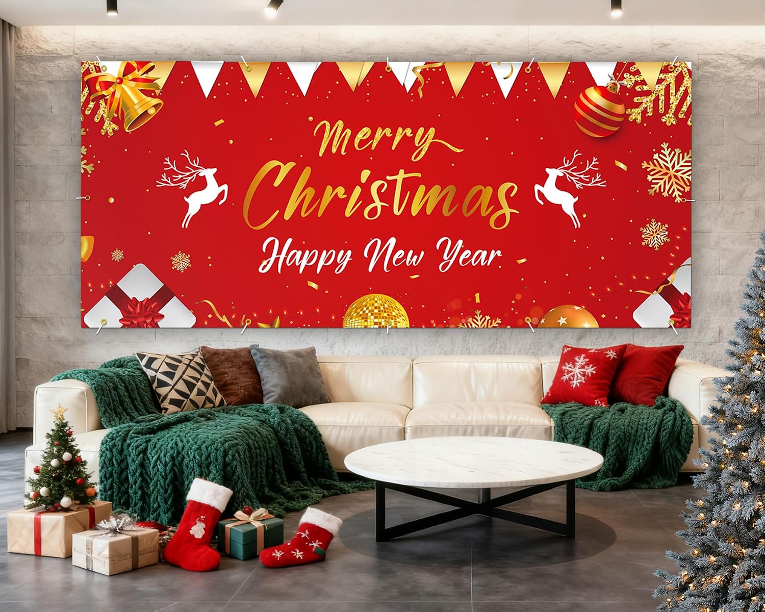 Christmas Garage Buddy Door Cover 7x16 ft, New Year & Xmas Holiday Garage Door Banner with 4x19.7 ft Ropes, Christmas Decoration Backdrop for Wall Party Celebration, Red