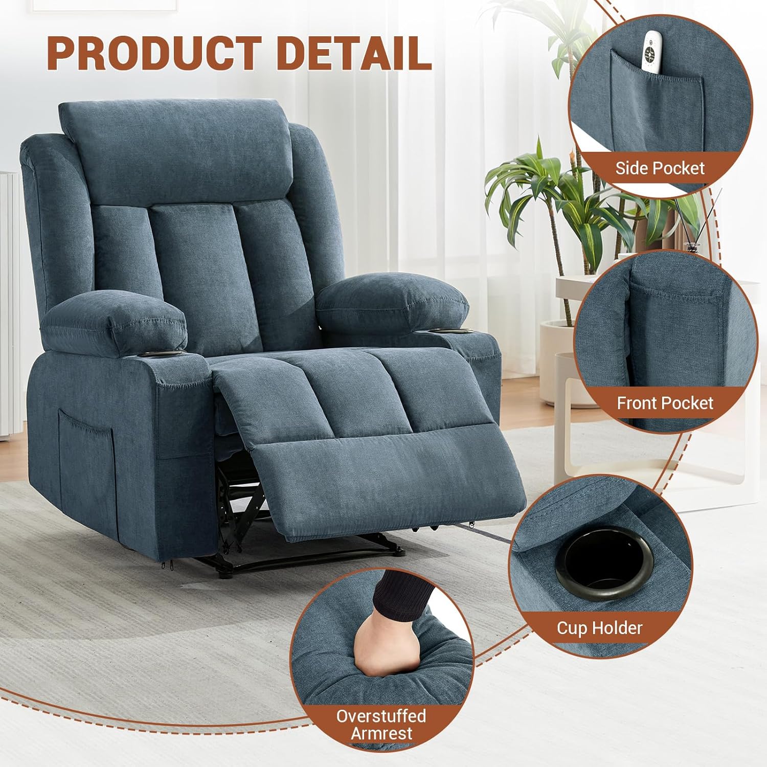 Garvee Recliner Chair 24" Seat Width, Manual Reclining Sofa with Massage and Heat, Comfy Overstuffed Rocking Chair with Side Pockets, Front Pockets and Cup Holder for Living Room, Blue