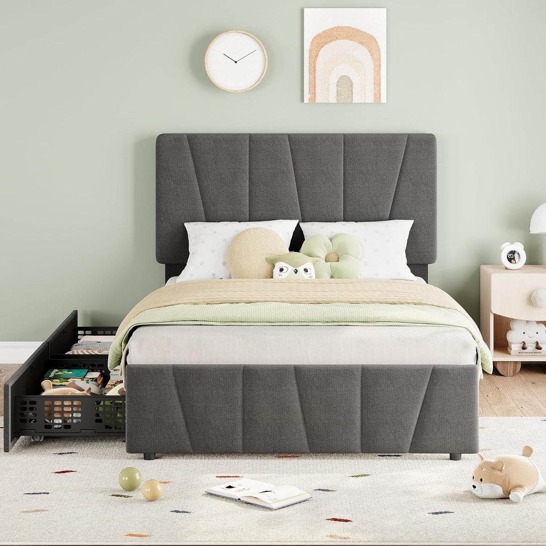 Garvee Twin Size Bed Frame with Adjustable Headboard and 2 Storage Drawers, Upholstered Platform Bed Frame with Wooden Slats Support, No Box Spring Needed, Dark Grey (Twin)