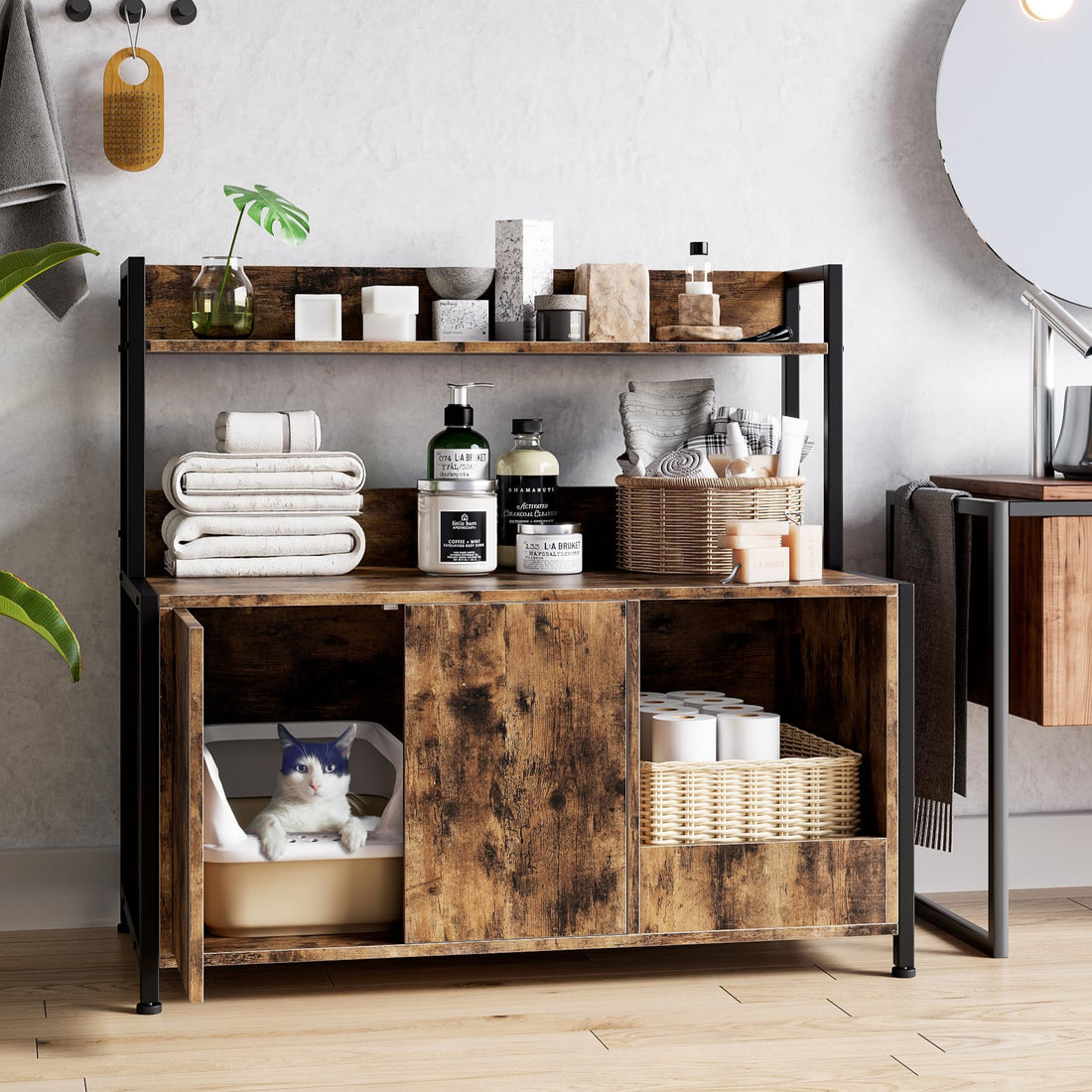 Garvee Litter Box Enclosure, Large Cat Litter Box Enclosure with Storage Shelf and Cat Claw Board, Wooden Hidden Cat Litter Box Furniture with 2 Doors, Rustic Brown